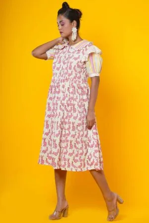 Women Block Printed Cotton Midi Dress With Stripes and Rabbit