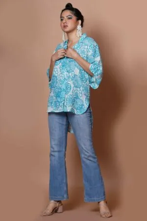 Women Block Print Cotton Shirt in Blue