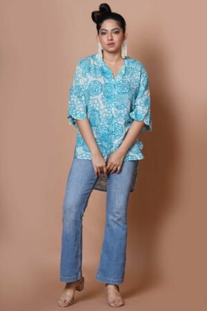 Women Block Print Cotton Shirt in Blue - Image 2