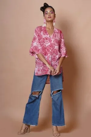 Women Block Print Cotton Shirt in Red and Pink