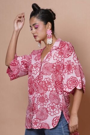 Women Block Print Cotton Shirt in Red and Pink - Image 3