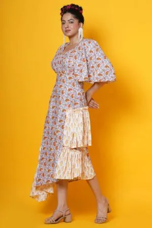 Women Block Print high low Cotton Dress