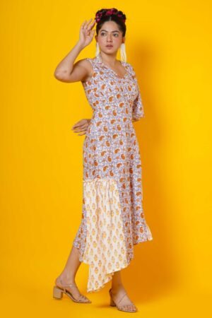 Women Block Print high low Cotton Dress - Image 3