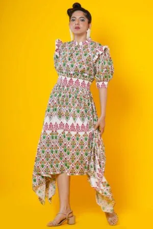 Women Block Print Kalamkari Dress in Red and Green