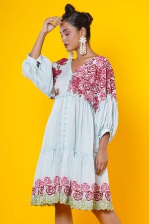 Women Block Printed Muslin Midi Dress with Rose motifs
