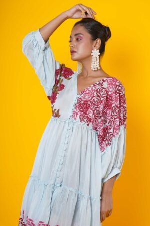 Women Block Printed Muslin Midi Dress with Rose motifs - Image 5