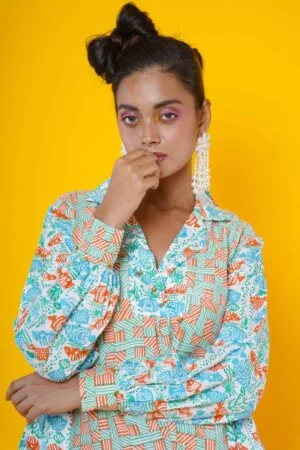 Women Block  Printed  Cotton Midi Dress in Orange and  Sky