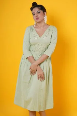 Women Hand Embroidered Cotton Midi Dress With Pintucks Detailing