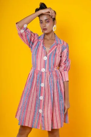 Women Block Printed Cotton Midi Dress in Stripes