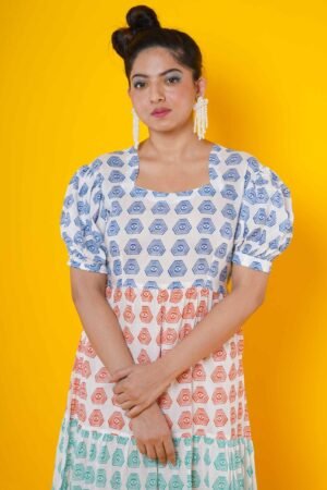 Women Block Printed Cotton Midi Dress with Puff Sleeves - Image 3