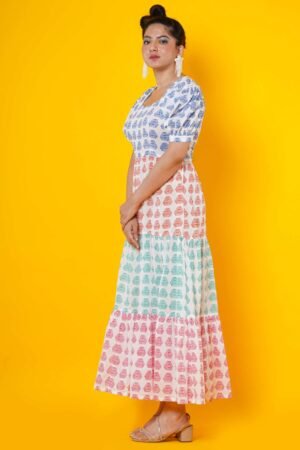 Women Block Printed Cotton Midi Dress with Puff Sleeves - Image 2
