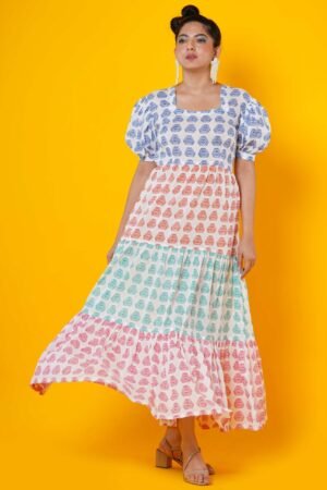 Women Block Printed Cotton Midi Dress with Puff Sleeves