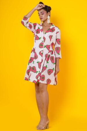 Women Block Print Muslin Midi Dress With Pear Motifs - Image 5