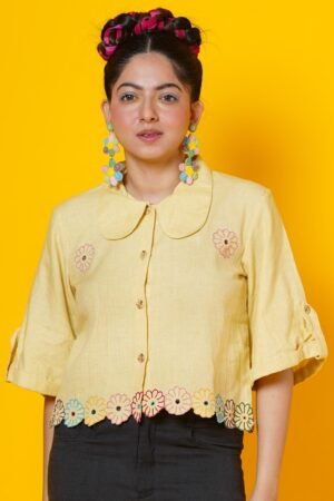 Yellow Floral Hand Embroidered Cut Work Blouse - Image 2