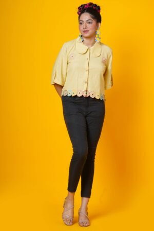 Yellow Floral Hand Embroidered Cut Work Blouse - Image 3