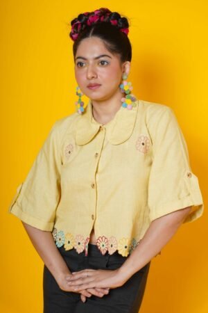 Yellow Floral Hand Embroidered Cut Work Blouse - Image 4