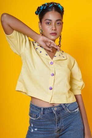 Yellowe lavender blouse with collar embroidery 4