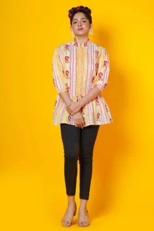 Lobsters stripes block  print cotton peplum top