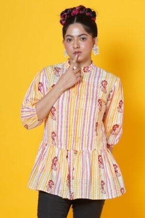 Lobsters stripes block  print cotton peplum top - Image 3