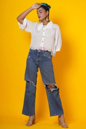 White Cut Work Blouse with Peter Pan Collar - Image 3