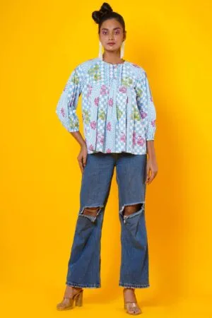 Women Block Print Cotton Peplum Top