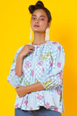 Women Block Print Cotton Peplum Top - Image 2