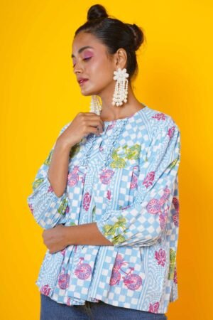 Women Block Print Cotton Peplum Top - Image 5