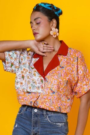 Women Block Print Cotton Shirt in Rust Colour - Image 3