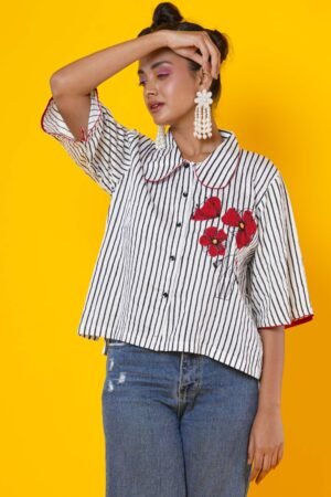 Women Block Print Cotton Shirt with Hand Applique Work