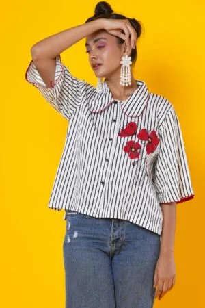 Women Block Print Cotton Shirt with Hand Applique Work