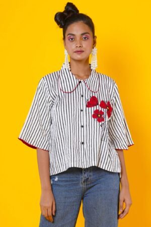Women Block Print Cotton Shirt with Hand Applique Work - Image 2