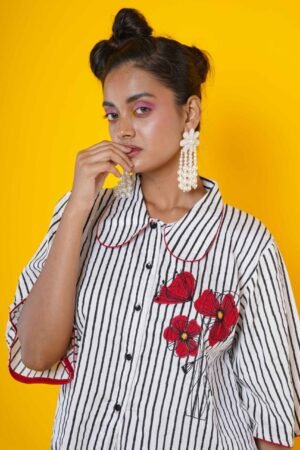 Women Block Print Cotton Shirt with Hand Applique Work - Image 6
