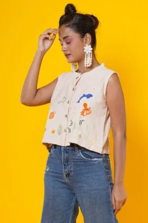 Women Hand Embroidery Ocean Crop Top