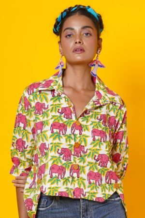 Women Pink Elephant Print Cotton Shirt - Image 4