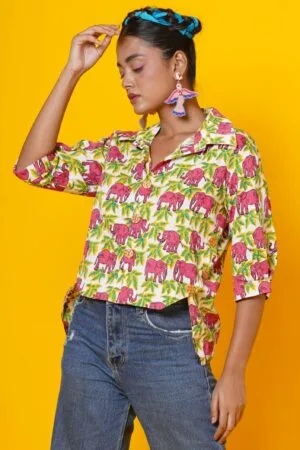 Women Pink Elephant Print Cotton Shirt