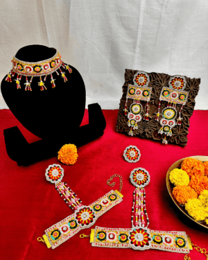 Shagun (Red Yellow) - Neckpiece, Earrings, Hathphool and Ring