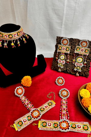 Shagun (Red Yellow) - Neckpiece, Earrings, Hathphool and Ring