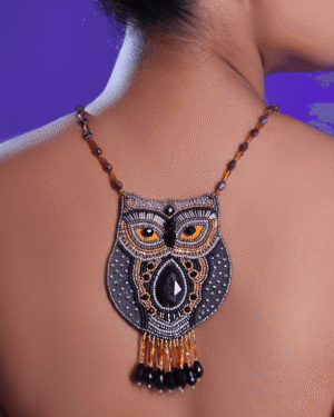 Black-Golden-Owl-applique-Crystal-embroidered-neckpiece-1