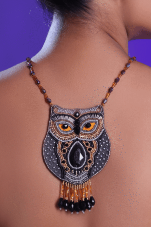 Black-Golden-Owl-applique-Crystal-embroidered-neckpiece-1