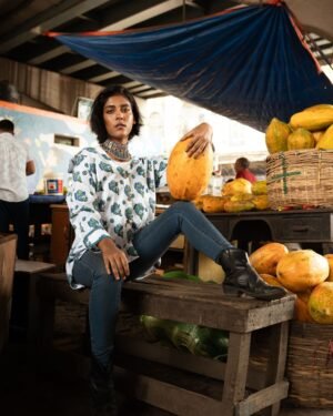 Blue and Green Women's Cotton Shirt - Fish Motif - Image 2