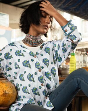 Blue and Green Women's Cotton Shirt - Fish Motif - Image 5