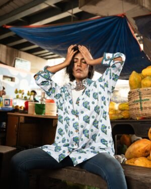 Blue and Green Women's Cotton Shirt - Fish Motif - Image 4