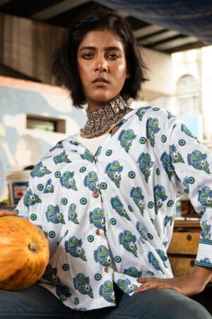 Blue and Green Women's Cotton Shirt - Fish Motif