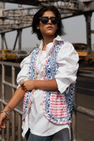 Blue and Red Hand Block Printed Summer Revesible Cotton Sleeveless Jacket 1