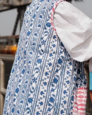 Blue and Red Hand Block Printed Summer Revesible Cotton Sleeveless Jacket 3