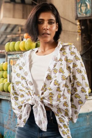 Yellow and Green Women's Cotton Shirt - Little Birds design