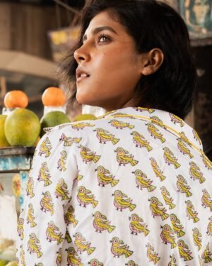 Yellow and Green Women's Cotton Shirt - Little Birds design - Image 5