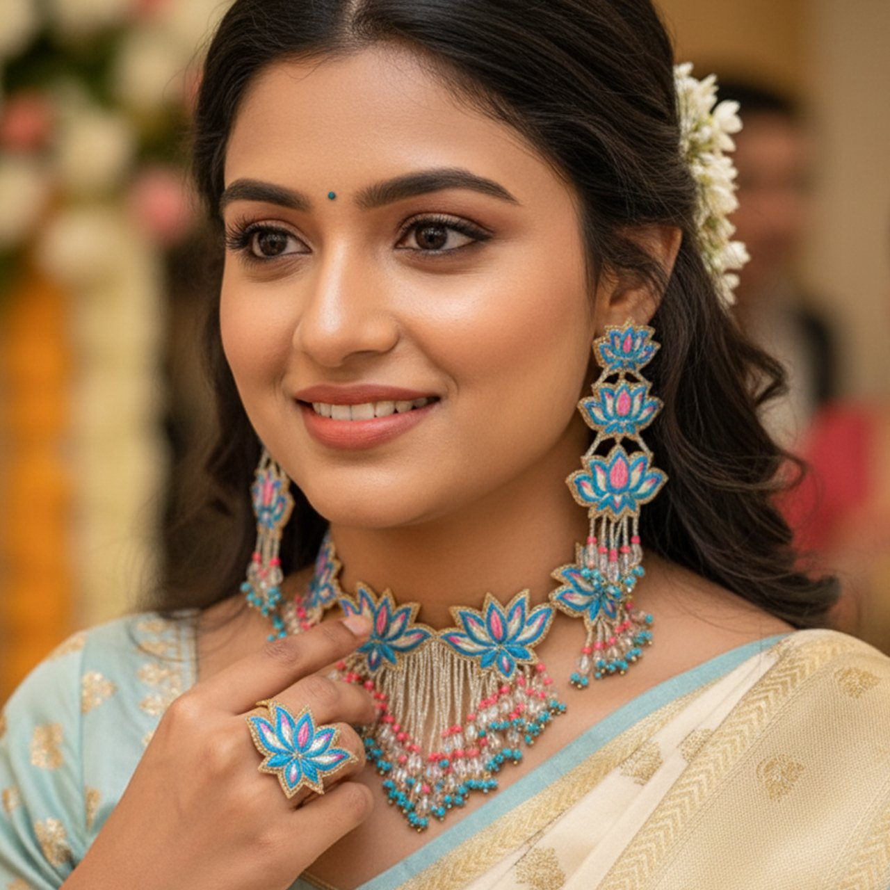 Navya Haar (Neela) - Neckpiece, Earrings and Ring - Image 2