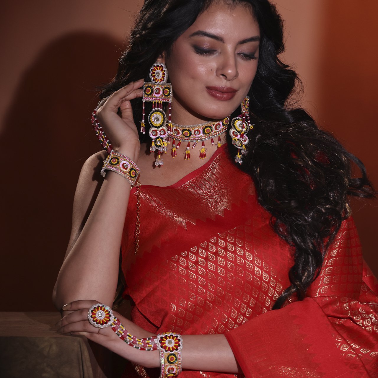 Shagun (Red Yellow) - Neckpiece, Earrings, Hathphool and Ring - Image 2