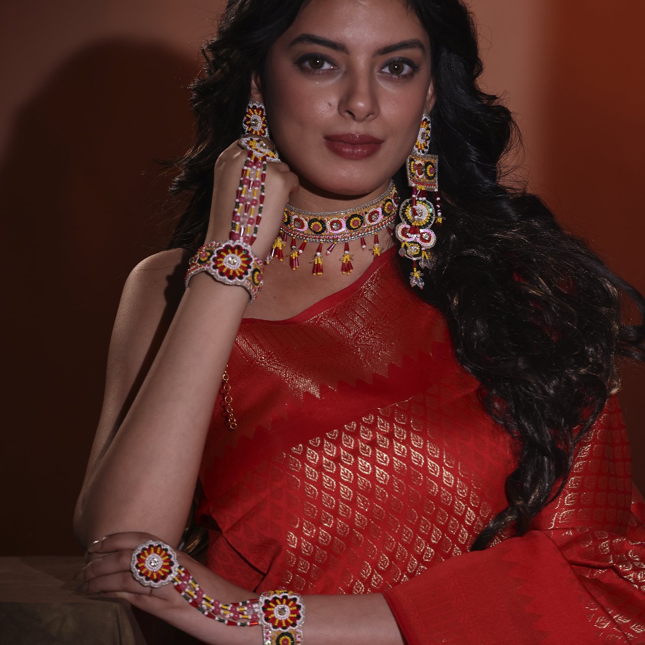 Shagun (Red Yellow) - Neckpiece, Earrings, Hathphool and Ring - Image 3